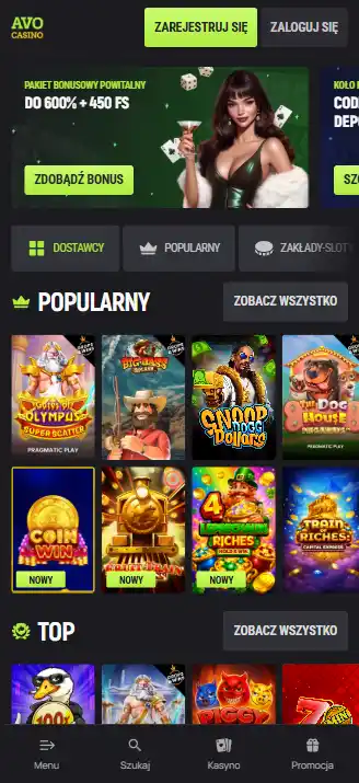 Avo Casino otwarte w mobilnej przeglądarce na smartfonie