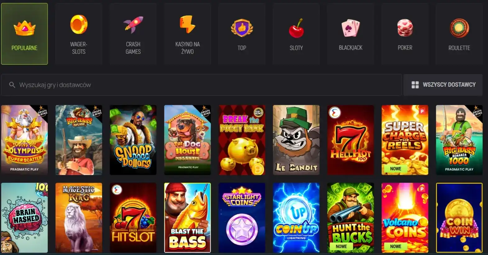 Lobby gier Avo Casino z kategoriami i dostępnymi tytułami