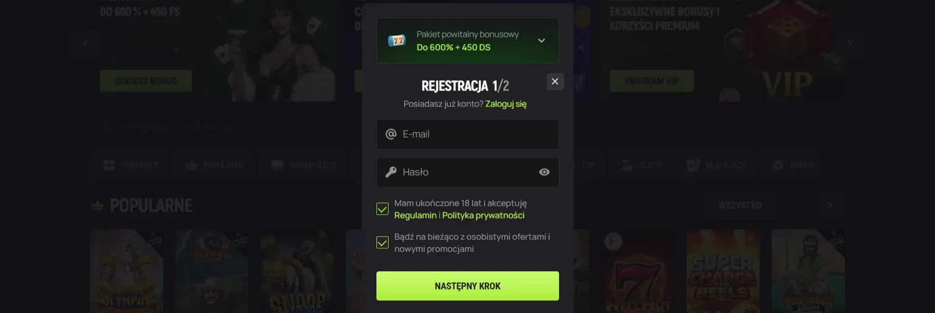 Aktualny formularz rejestracyjny Avo Casino