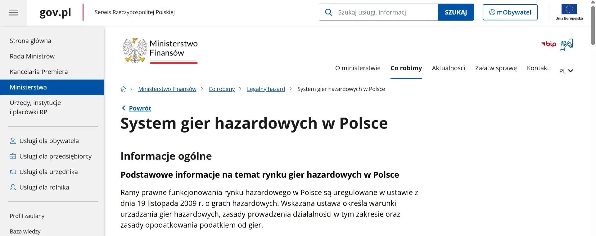 Zrzut ekranu oficjalnej strony Ministerstwa Finansów o systemie gier hazardowych w Polsce i monopolu państwa dla kasyna online